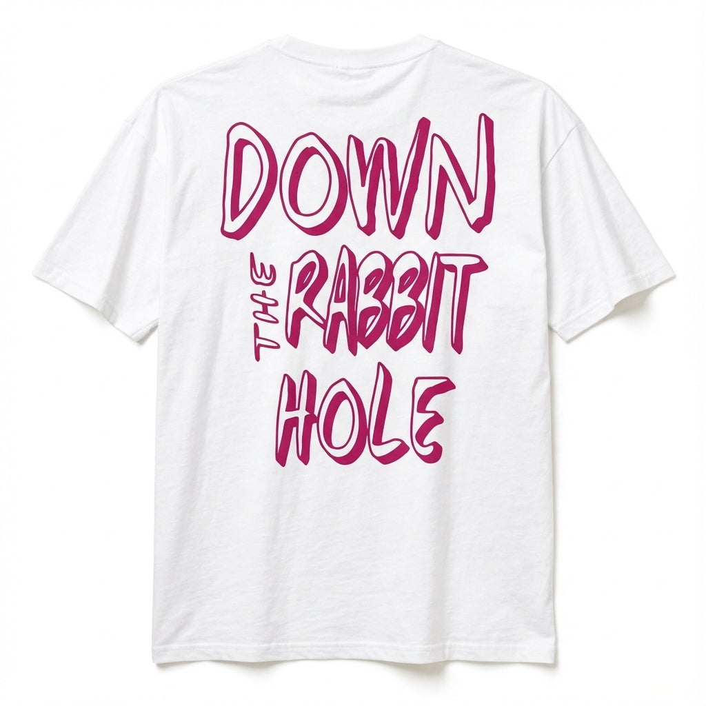 DOWN THE RABBIT HOLE OVERSIZED T-SHIRT WHITE - PINK LOGO